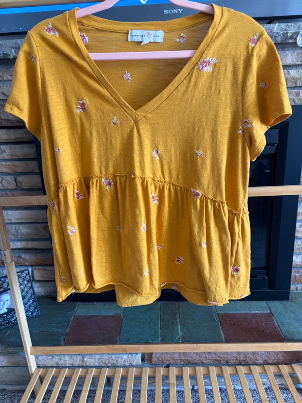 Maurices Mustard Floral V-Neck Peplum Short Sleeve Top